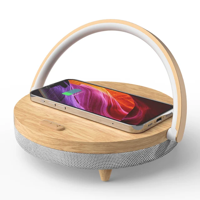 0 Variant Haut Parleur Bluetooth Chargeur En Bois Sans Fil Lampe Led Pratique Avec Support De Telephone Portable Pour Iphone 13 12 11 Huawei Xiaomi