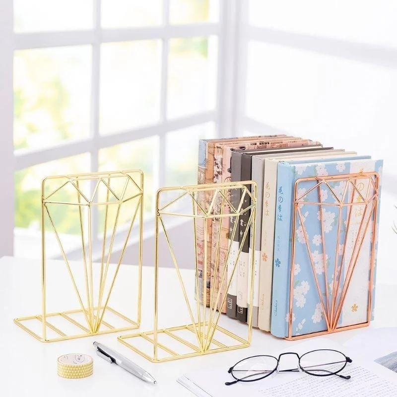 0 1 Pc Book Support Stand Creative Diamond Shaped Metal Bookends Desk Organizer Storage Shelf