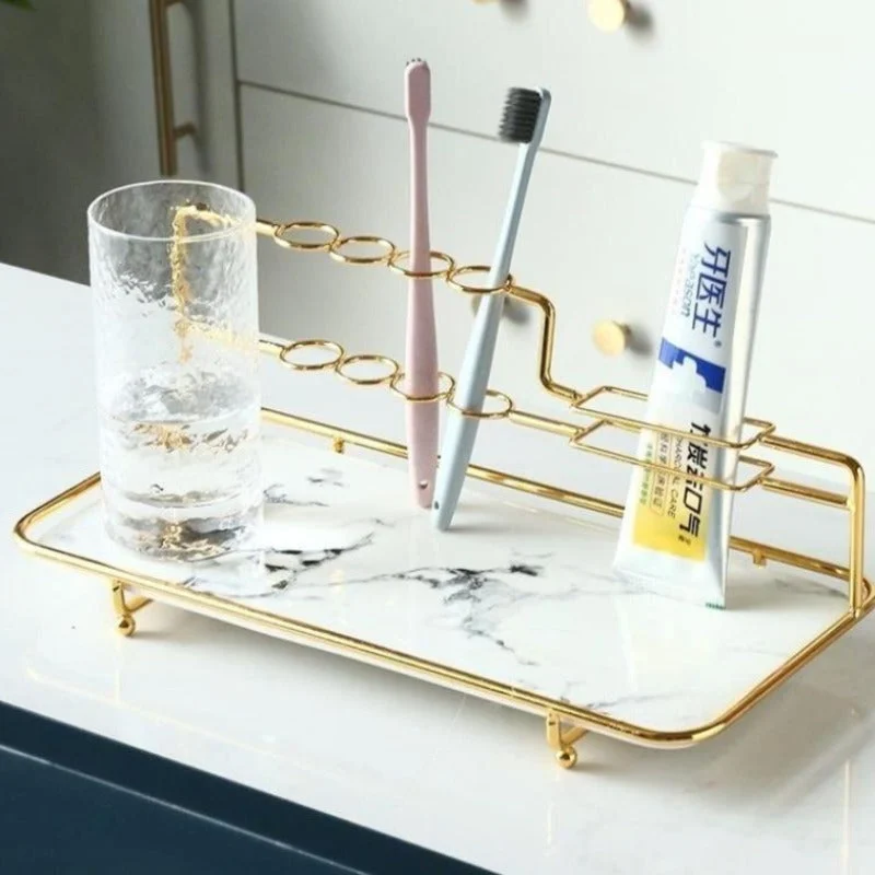 0 European Bathroom Desktop Storage Tray Marbling Ceramics Metal Storage Rack Toothbrush Toothpaste Holder Cosmetic Organize Tray