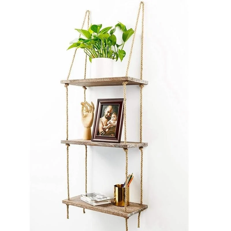 1 2 3 Tier Rustic Wooden Hanging Rope Shelf Handmade Solid Wood Floating Shelves Home Decorative