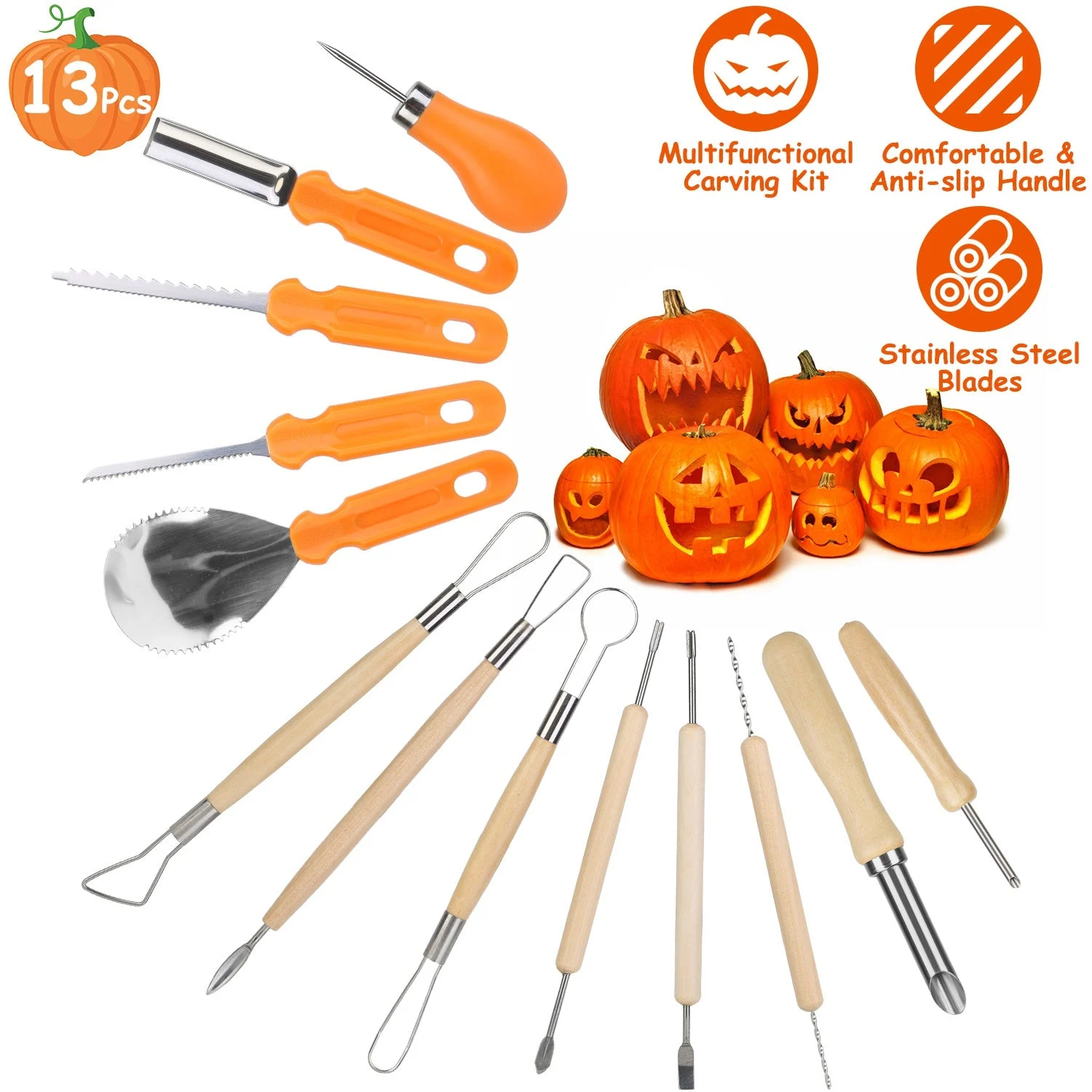 13-Pieces: Halloween Pumpkin Stainless Steel Carving Kit -  - #tag1#