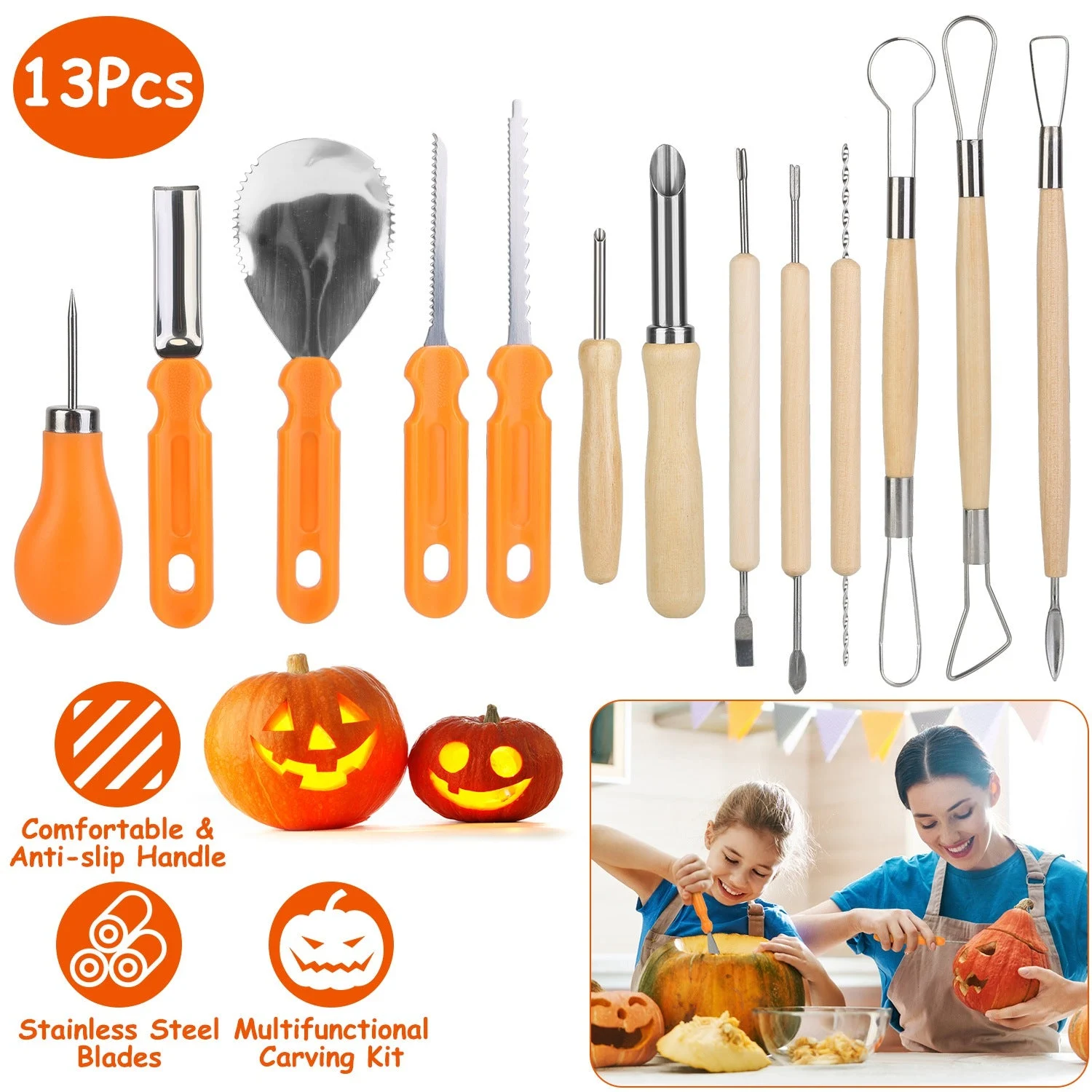 13-Pieces: Halloween Pumpkin Stainless Steel Carving Kit -  - #tag1#