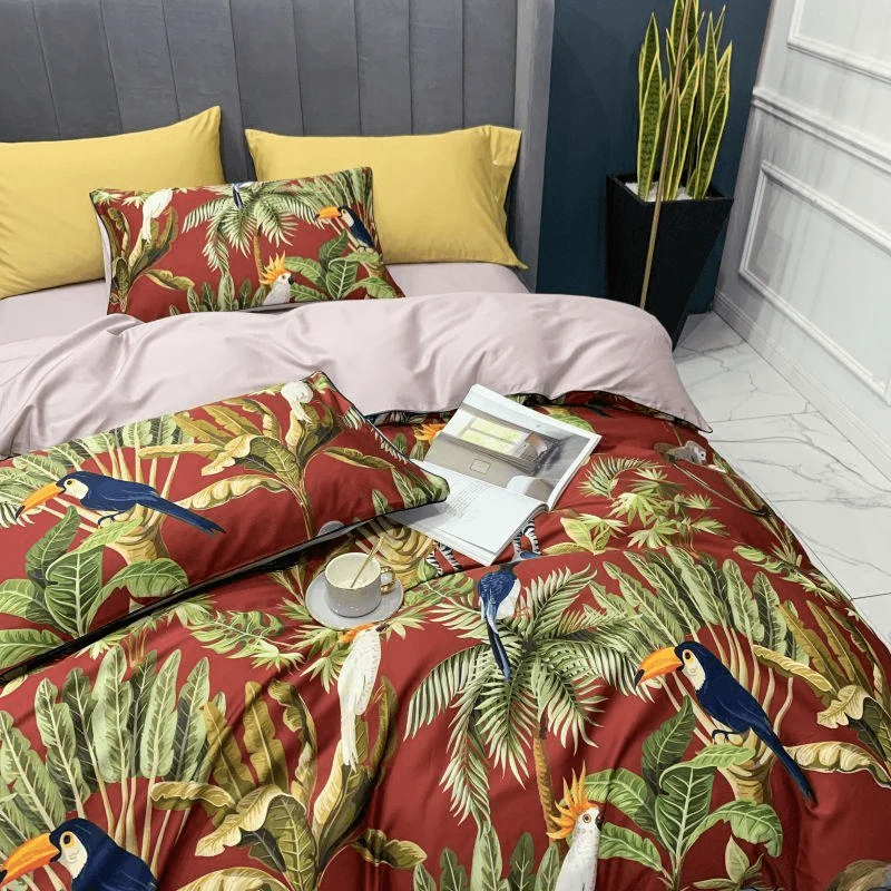 18 Descript Pure Egyptian Cotton Bedding Set Tropical Leaves Flowers Duvet Cover Set Silky Soft Queen King Bed Sheet Quilt Cover Pillowcases