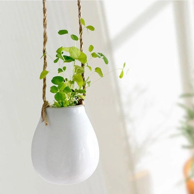 1pc Home Garden Balcony Ceramic Hanging Planter Macrame Plant Flower Pot Vase With Twine Indoor Outdoor