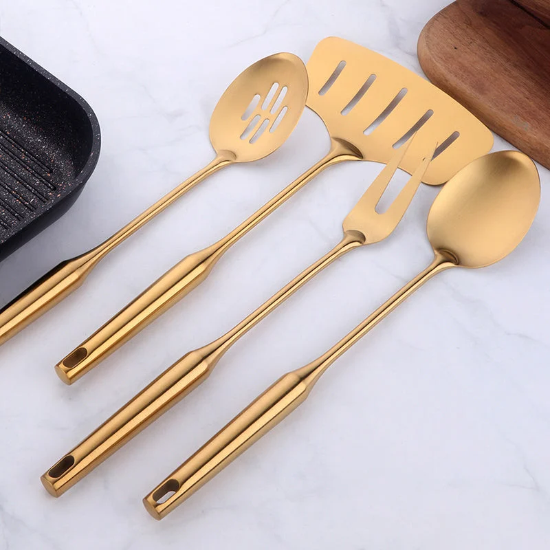 1pcs Stainless Steel Gold Cooking Tools Anti Slip Handle Kitchen Utensils Set Turner Ladle Spoon Home