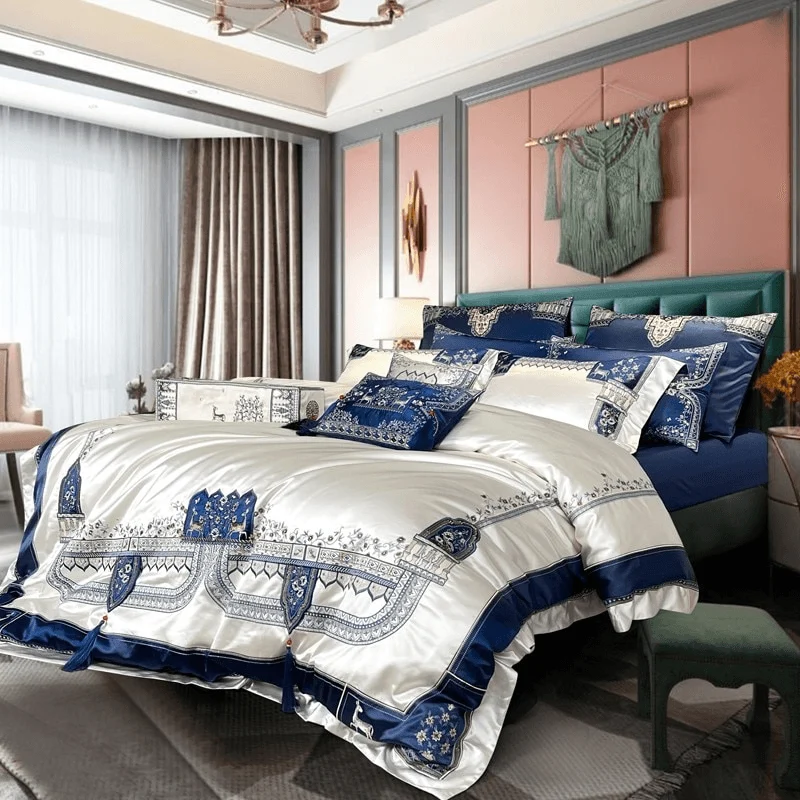 2 Descript Chic Decorator Upholstery Quality Tassels Bedding Blue Silver Patchwork Luxury Embroidery Duvet Cover Bedspread Sheet Pillowcase