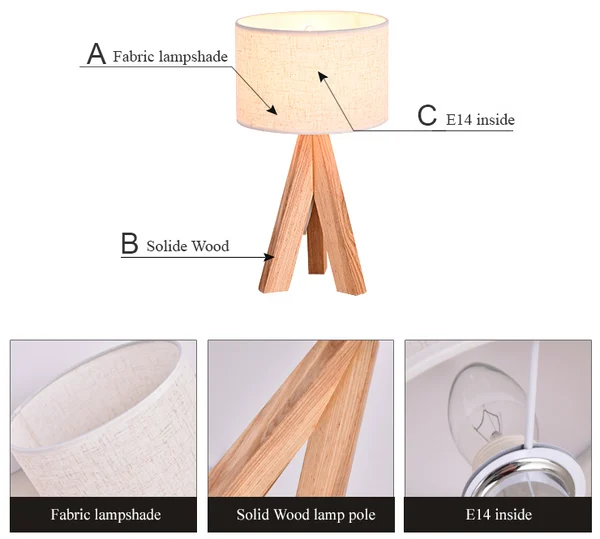 Stylish Wood & Fabric Tripod Lampshade Table Lamp Light