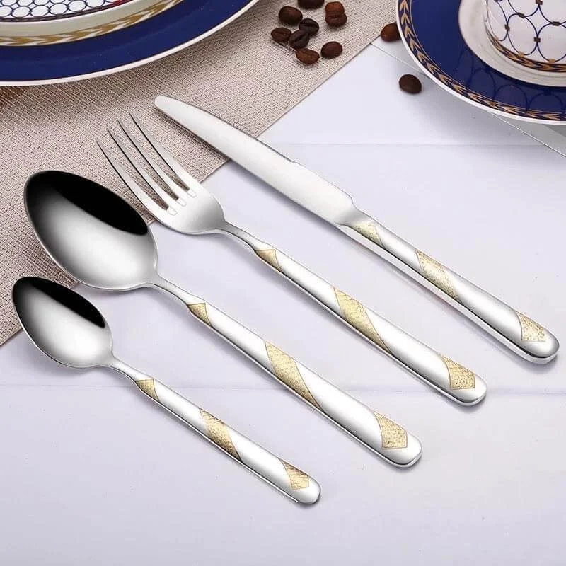 24 Pcs Set Flatware Stainless Steel Silver & Gold Cutlery Set - - #tag1#