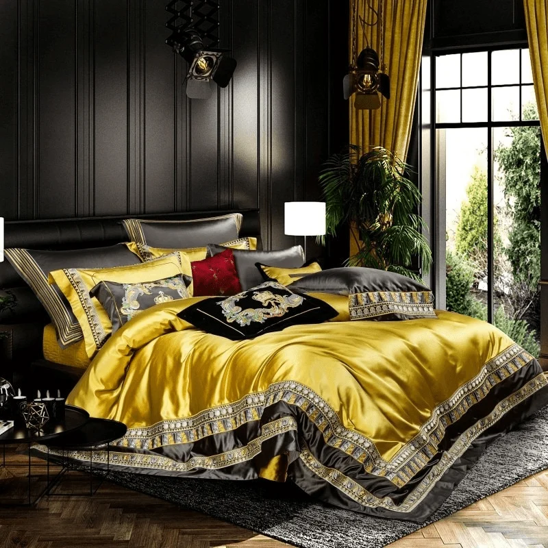 27 Descript Chic Home 4610pcs Place Faux Silk Luxury Large Jacquard With Embroidery Golden Bedding Set Duvet Cover Bedspread Bed Sheet Set