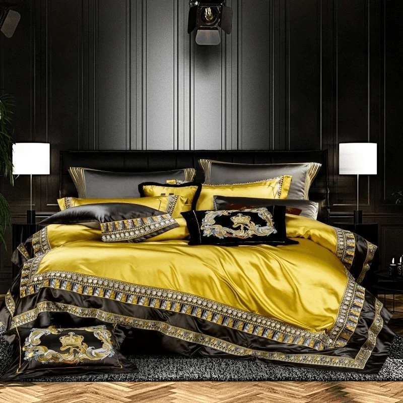 28 Descript Chic Home 4610pcs Place Faux Silk Luxury Large Jacquard With Embroidery Golden Bedding Set Duvet Cover Bedspread Bed Sheet Set