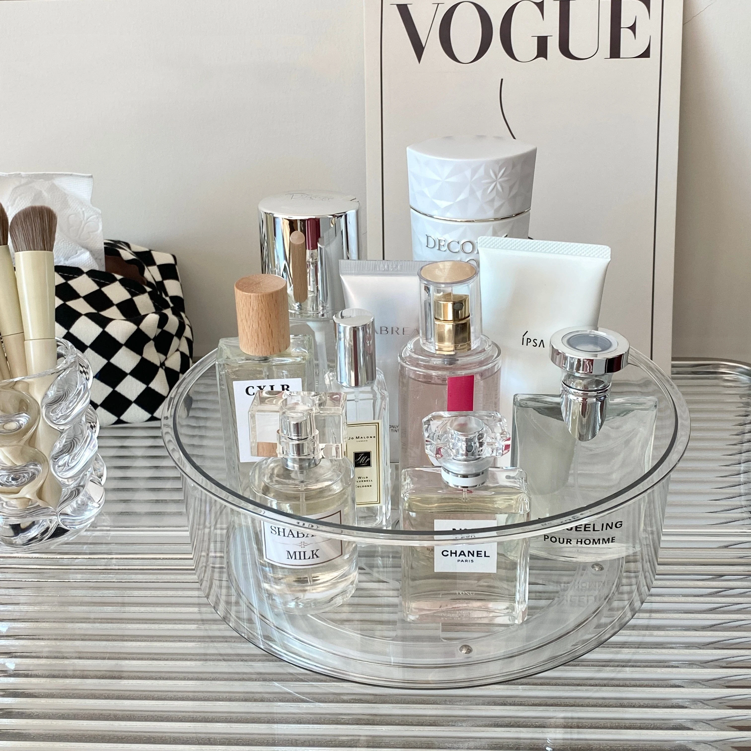 360 Degree Rotating Cosmetic Storage Box Acrylic Transparent Ins Desktop Finishing Perfume Tray Skin Care Product
