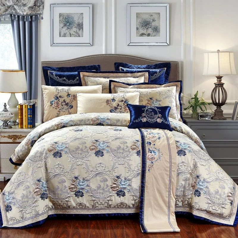 4-6-10Pcs-Blue-Jacquard-Luxury-Bedding-Set-King-Queen-Size-US-king-104X90in-Cotton-Flat 4 6 10pcs Blue Jacquard Luxury Bedding Set King Queen Size Us King 104x90in Cotton Flat