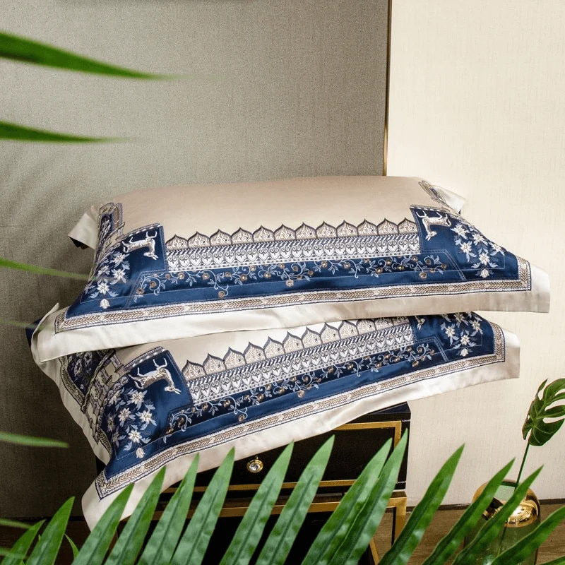 4 Descript Chic Decorator Upholstery Quality Tassels Bedding Blue Silver Patchwork Luxury Embroidery Duvet Cover Bedspread Sheet Pillowcase