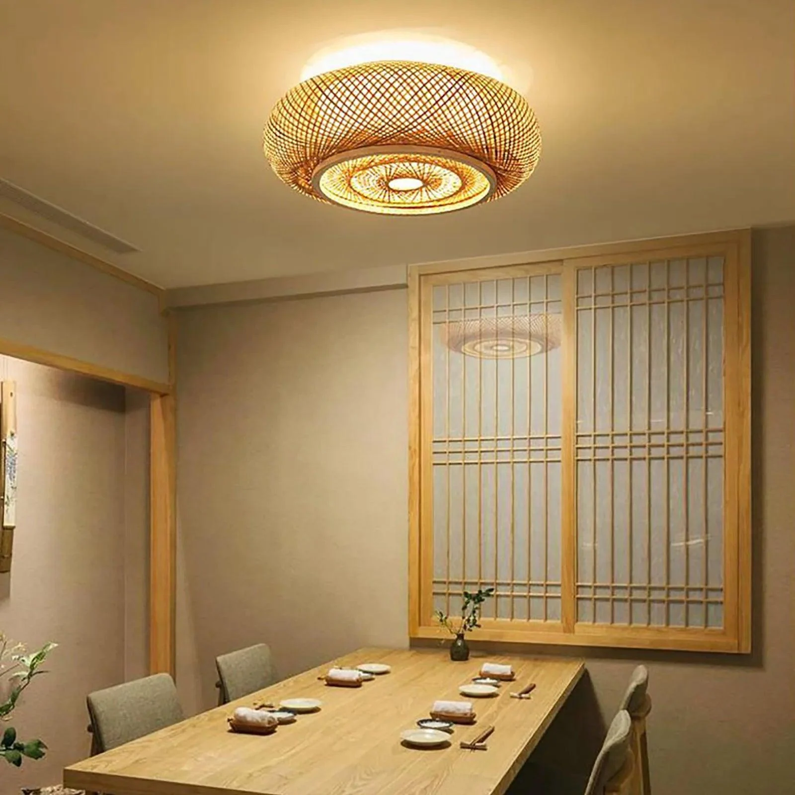 40cm 50cm Rustieke Bamboe Inbouwplafondlamp 3 Licht Rotan Plafondarmatuur E27 220v