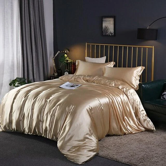4PCS SUPER SOFT Luxury Silk Bedding Set（1 FLAT SHEET+1 QUILT COVER+ 2 PILLOWCASE) -  - #tag1#