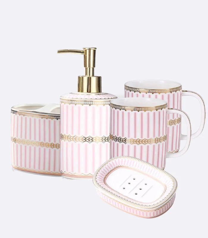 5 Pcs Set Bathroom AssesoriesCeramic Pink & White - - #tag1#