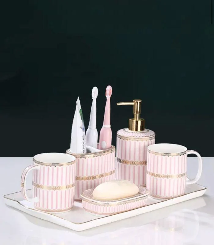 5_Pcs_Set_Bathroom_AssesoriesCeramic_Pink_White_-_-_tag1_-4118781 5 Pcs Set Bathroom AssesoriesCeramic Pink & White - - #tag1#