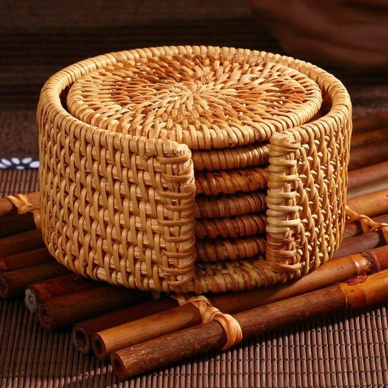 6Pcs Rattan Drink Coaster Set -