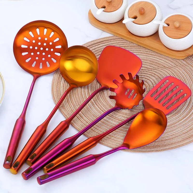 7PCS-Set-Stainless-Steel-Rainbow-Kitchen-Utensils-With-Holder-Cooking-Tools-Set-Turner-Ladle-Spoon-For 7pcs Set Stainless Steel Rainbow Kitchen Utensils With Holder Cooking Tools Set Turner Ladle Spoon For