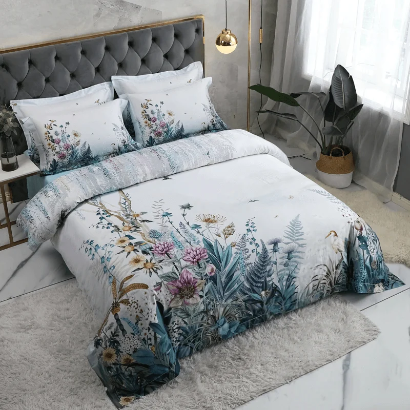 88 Descript 100 Egyptian Cotton Us Size Bedding Queen King Size 4pcs Birds And Flowers Leaf Gray Shabby Duvet Cover Bed Sheet Pillow Shams