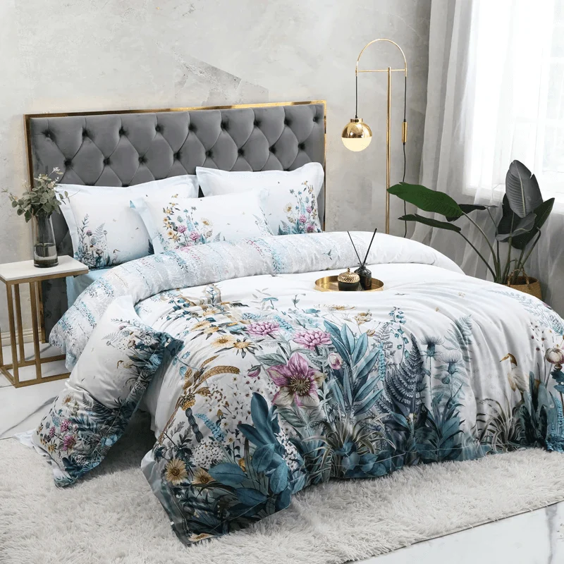 92 Descript 100 Egyptian Cotton Us Size Bedding Queen King Size 4pcs Birds And Flowers Leaf Gray Shabby Duvet Cover Bed Sheet Pillow Shams