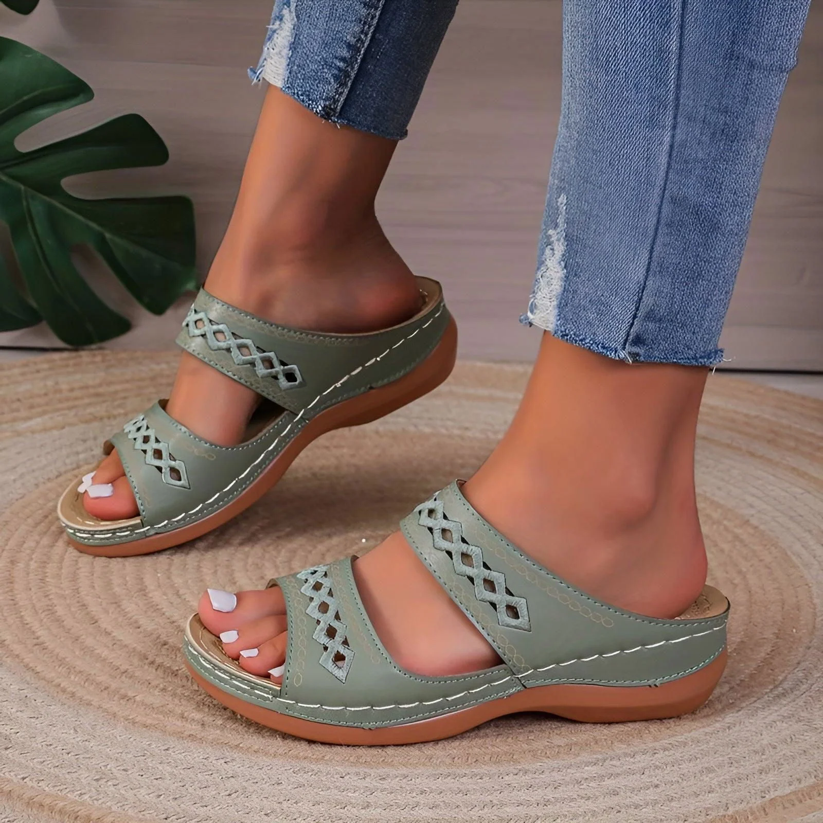 Alesha - Women's Dual Tone Diamond Slides - Non-Slip Wedge Sandals -  - #tag1#
