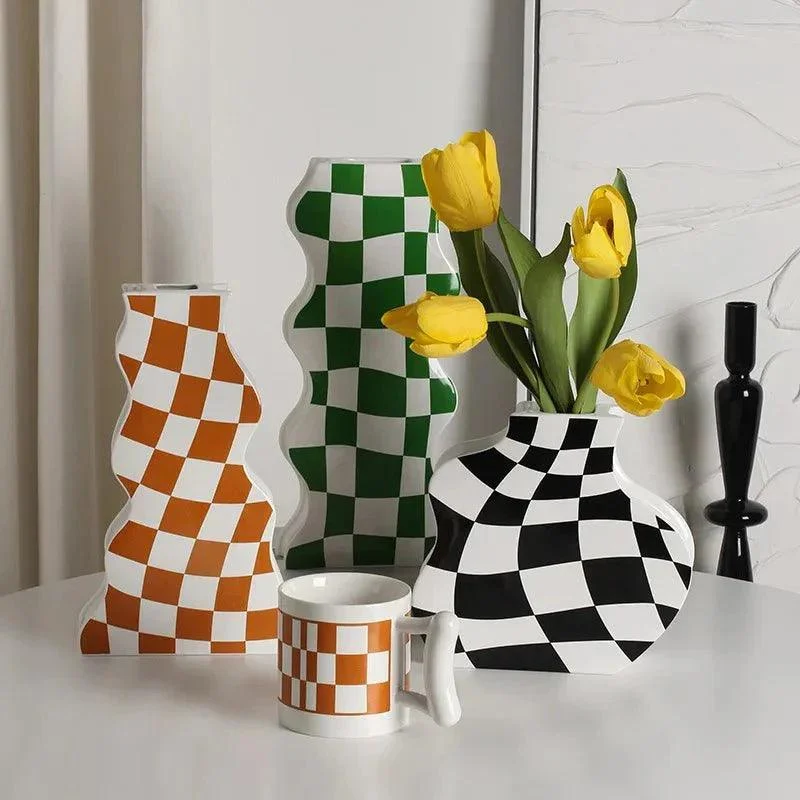 Black and White Ceramic Chequerboard Vase -  - #tag1#