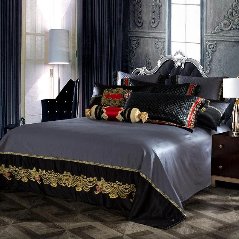 Blue Black Silk Satin Luxury Royal Bedding Set Queen King Size Bed Set Bed Flat Sheet 3410a3bb 128b 426c 9999 6185f4b5b9af