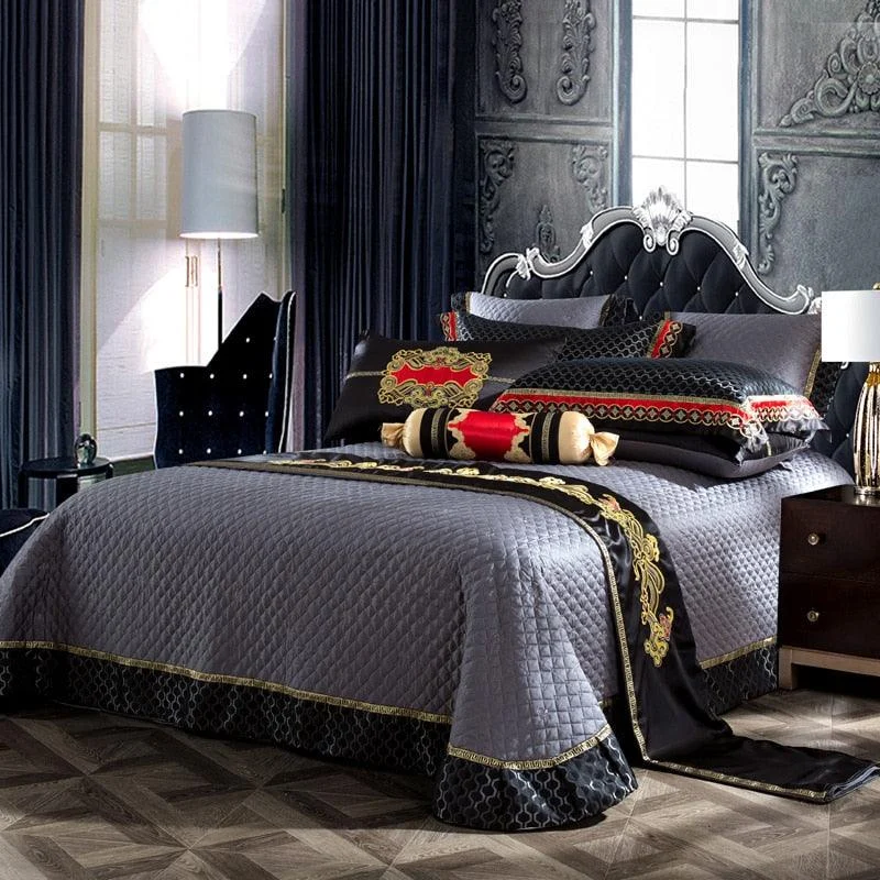 Blue Black Silk Satin Luxury Royal Bedding Set Queen King Size Bed Set Bed Flat Sheet 65364030 02ef 4201 93eb F762c544ede2