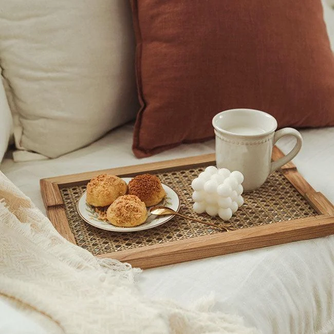 Bohemian Woven Rattan Wood Breakfast Tray - - #tag1#