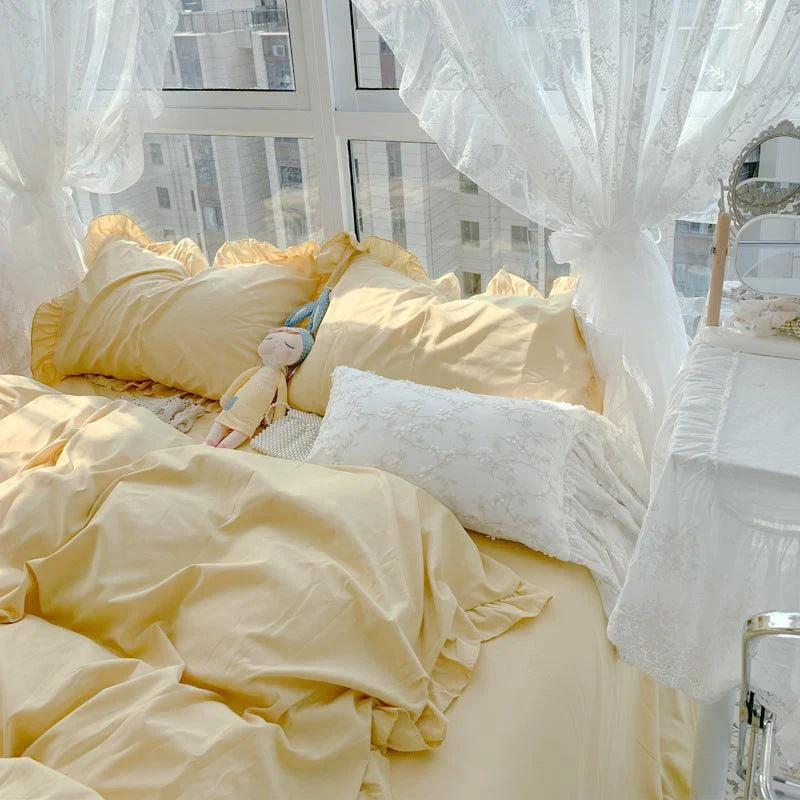 Candy Color Ruffle Trim Bedsheet Set -  - #tag1#