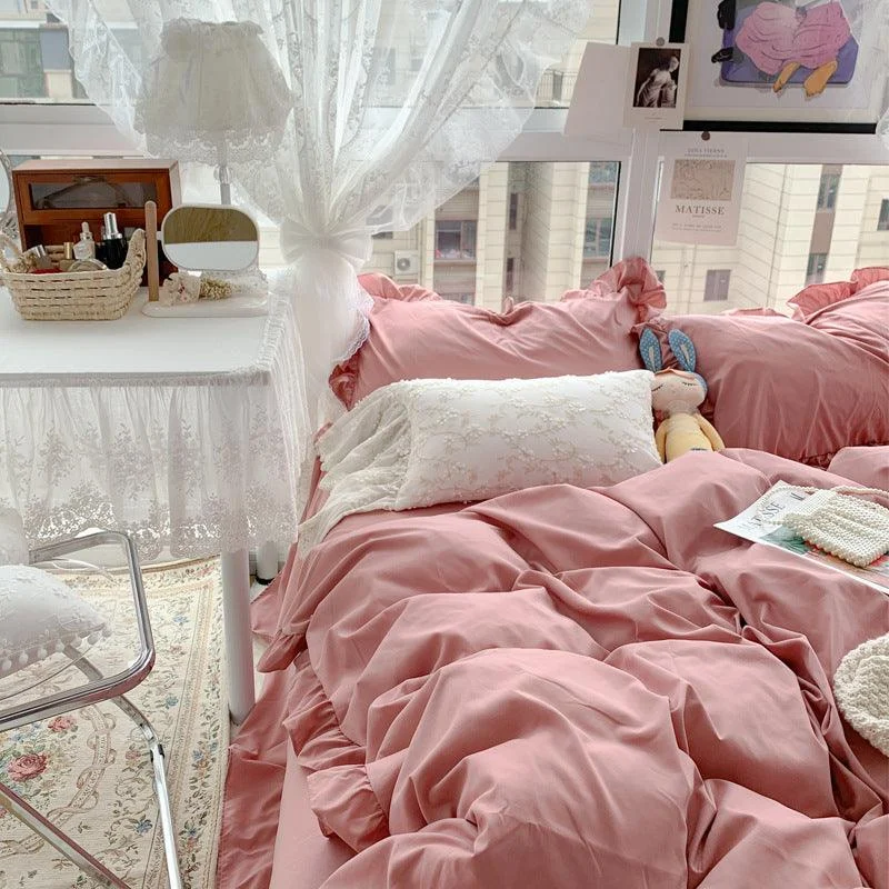 Candy Color Ruffle Trim Bedsheet Set -  - #tag1#
