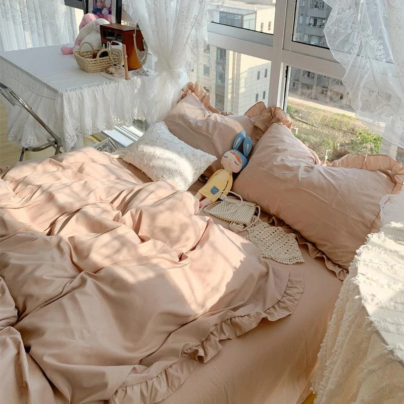 Candy Color Ruffle Trim Bedsheet Set -  - #tag1#