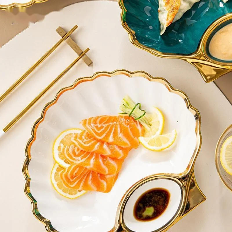Ceramic Seashell Plates With Vinegar Dish Bowls Gold Inlay Decorative Tableware Sushi Dish Tableware Kitchen Accessories Ac4b3d35 1da1 4a31 Ab54 8f128523f7b3