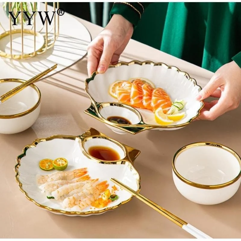 Ceramic Seashell Plates With Vinegar Dish Bowls Gold Inlay Decorative Tableware Sushi Dish Tableware Kitchen Accessories B07b498a 3335 4d38 8ccd D70b50b3249f