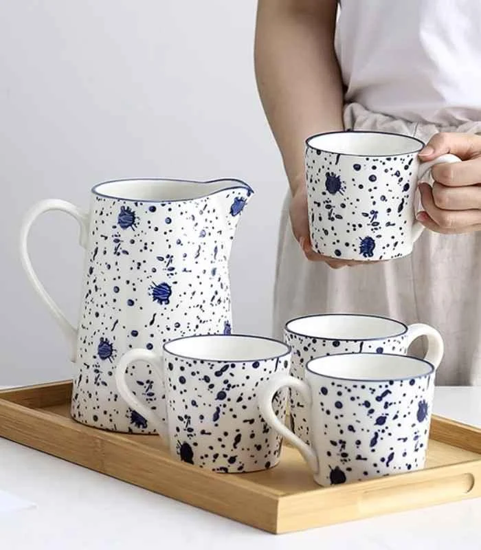 Ceramic Cups & Jug Ink Hand-painted White & Blue - - #tag1#