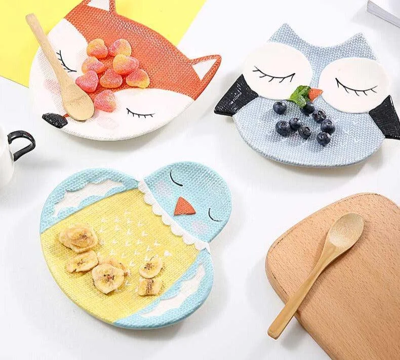 Colorful_Kids_Ceramic_Owl_Penguin_Fox_Plate_-_-4162991 Colorful Kids Ceramic Owl Penguin Fox Plate -