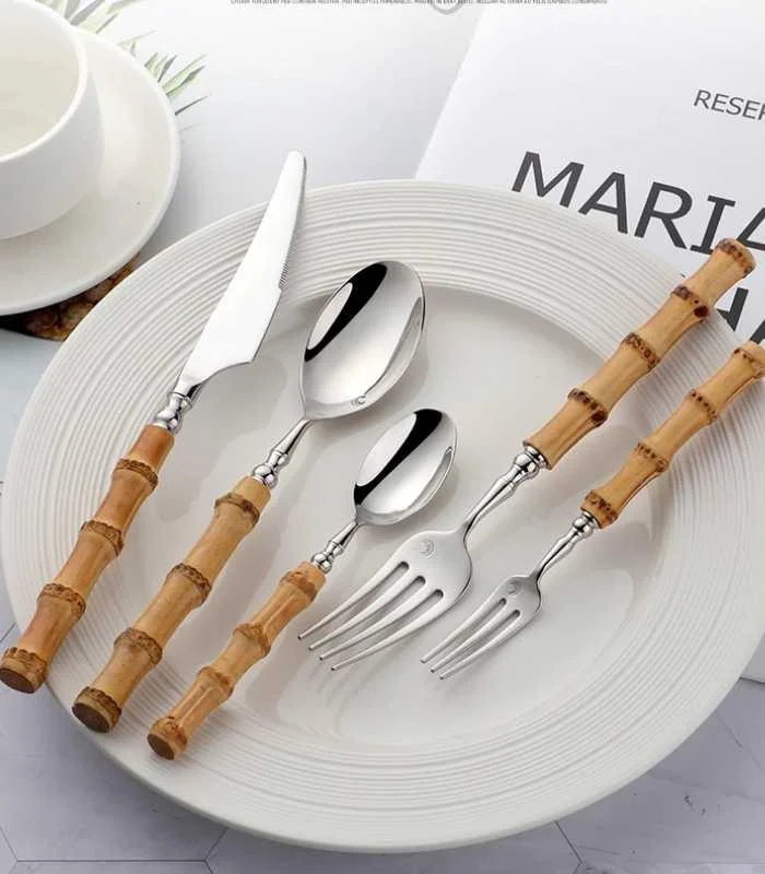 Cutlery_Set_Natural_Bamboo_Handle_304_Stainless_Steel_Silver_-_-_tag1_-4190755 Cutlery Set Natural Bamboo Handle 304 Stainless Steel Silver - - #tag1#