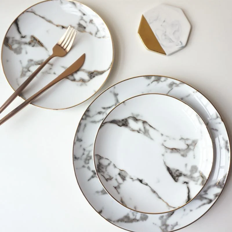 European-8inch-10inch-1-set-American-style-Gilt-edged-marble-golden-dinner-plate-Steak-dish-dessert European 8inch 10inch 1 Set American Style Gilt Edged Marble Golden Dinner Plate Steak Dish Dessert