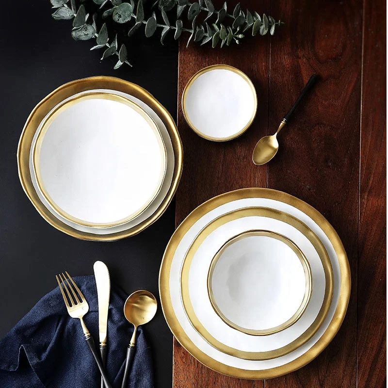 European Style Ceramic Gold Plate Retro Porcelain Tableware Set Matte Steak Dessert Tray Kitchen Dinner Plate