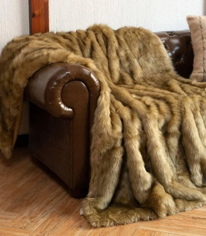Faux Fur Throw Blanket Soft Thick Ochre Brown - - #tag1#