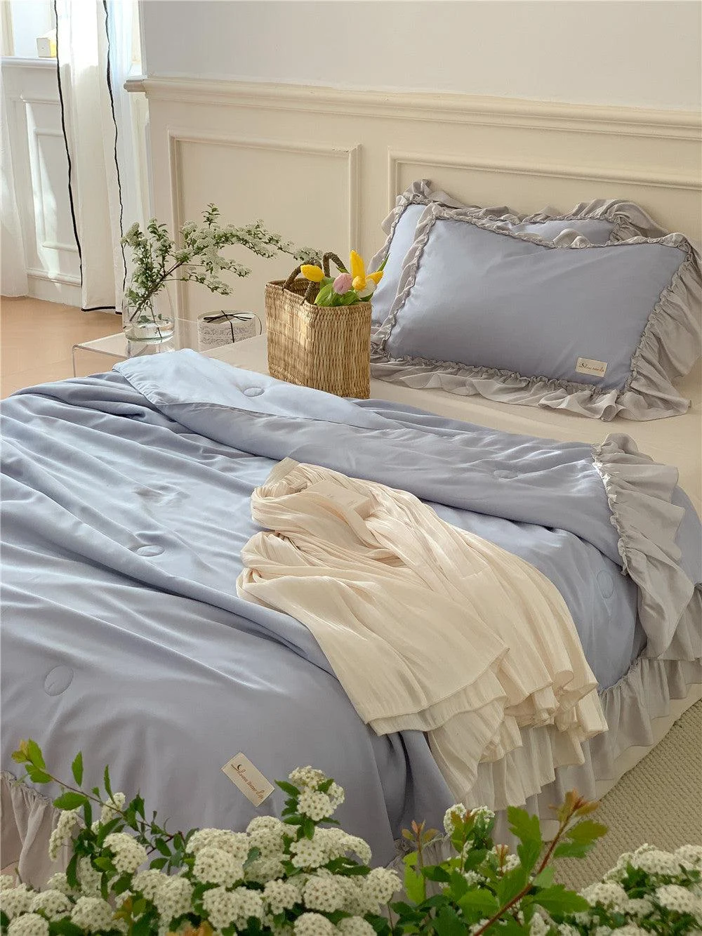French Aesthetic Silky Satin Ruffle Bedding Set - - #tag1#