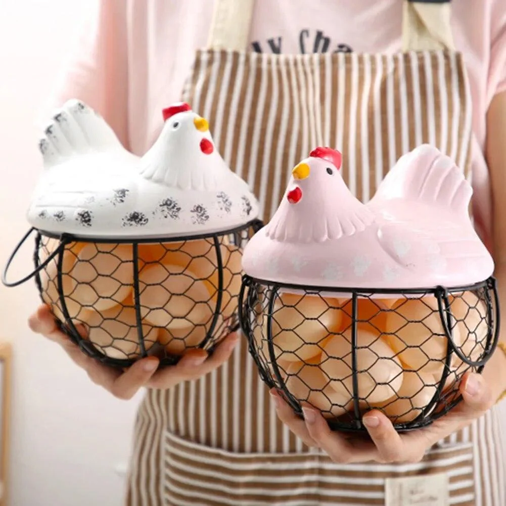 Funny Ceramic Hen Egg Storage Basket -