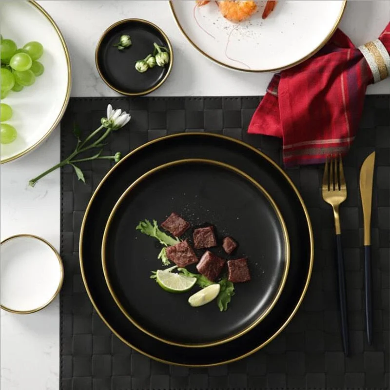 Gilt Rim Blak Porcelain Dinner Plate Set Kitchen Plate Ceramic Tableware Food Dishes Rice Salad Noodles 4b47b0a0 3906 4b8b A9fe Bbe0cd6c446d