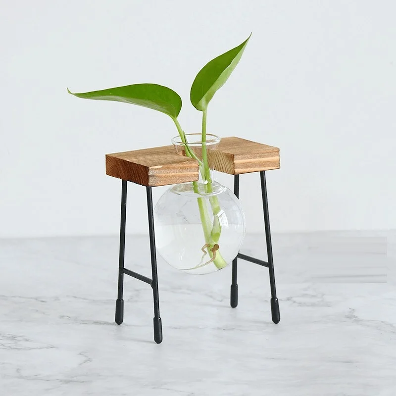 Glass Vase Hydroponic Plant Wooden Frame Coffee Shop Decor Vase Terrarium Plants Home Bonsai Decoration Propagation 2