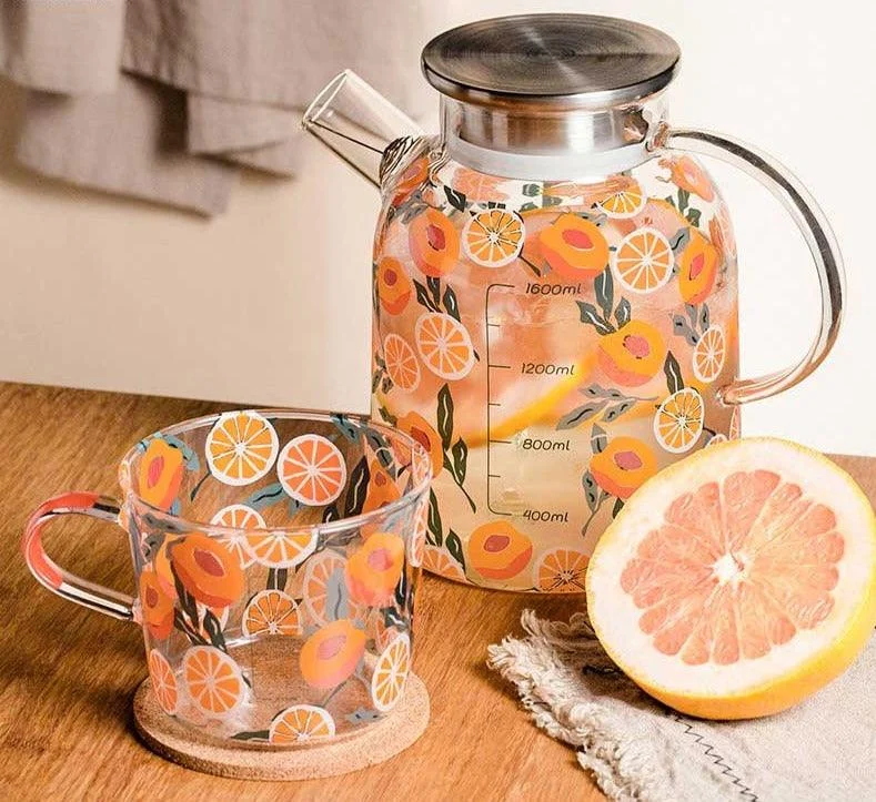 Glass Fruit Orange Juice Pitcher Mug Set -