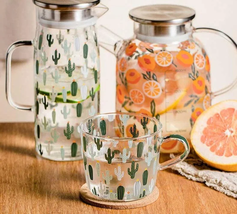 Glass Fruit Orange Juice Pitcher Mug Set -