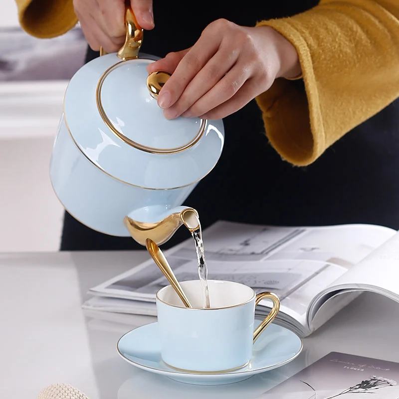 Gold Blue Bone China Coffee Set Luxury Porcelain Noble Tea Set Advanced Pot Cup Ceramic Mug