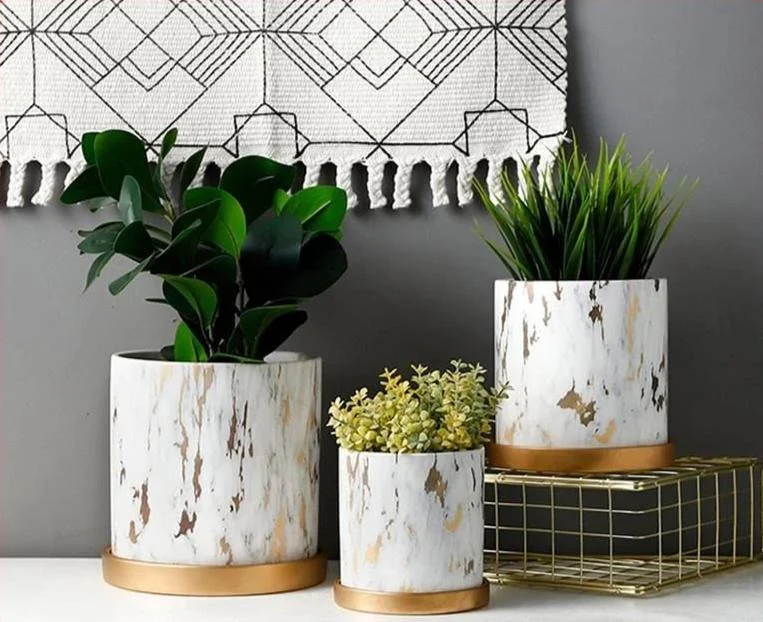 Golden Marble Pattern Succulents Pot Plant Pot With Tray Ceramic Cylindrical Shape Flower Pot Home Christmas