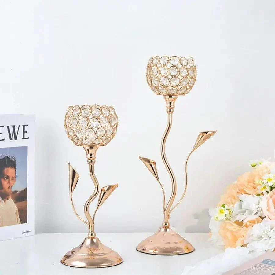 Golden Crystal Flower Shape Candlestick Holder Set - - #tag1#